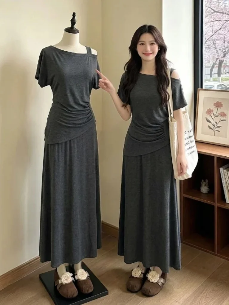 

plus Size Women's Grey Shoulder Bared Two Piece Set Summer Fashion Casual Commute Style Pear Shape Slimming Lazy Wind Ensemble