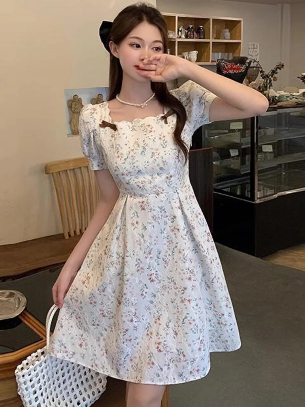 

Summer Floral Print Maxi Dr High Waist A-Line Skirt Korean Sle Commute Faion Bow Detail Square Neline plus Size Dr