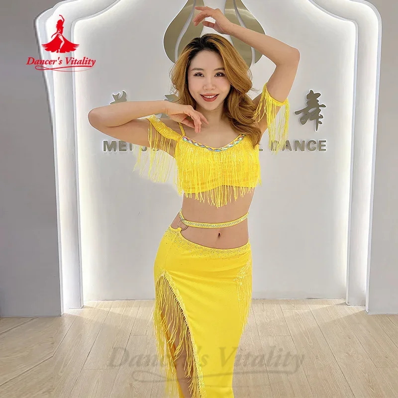Tenue de danse du ventre pour femmes, haut de luxe personnalisé avec strass + jupe longue Sexy, 2 pièces, vêtements de pratique professionnelle pour adultes et enfants