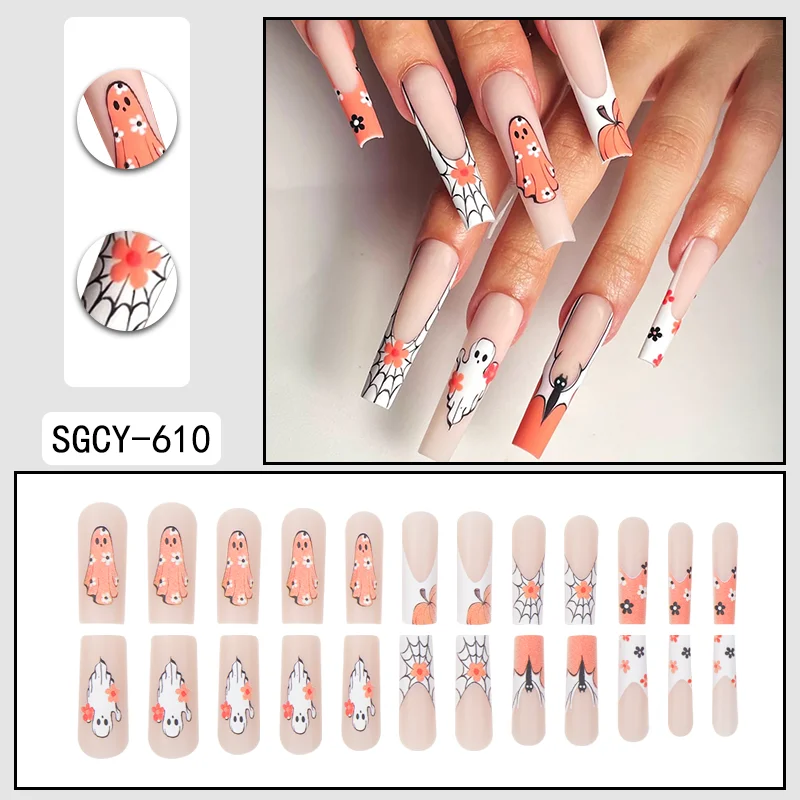 24Pcs Halloween Ghost & Pumpkin Press On Nails, Spider Web & Flower Fake Nails, Nail Stickers for Holiday Party, With Tools