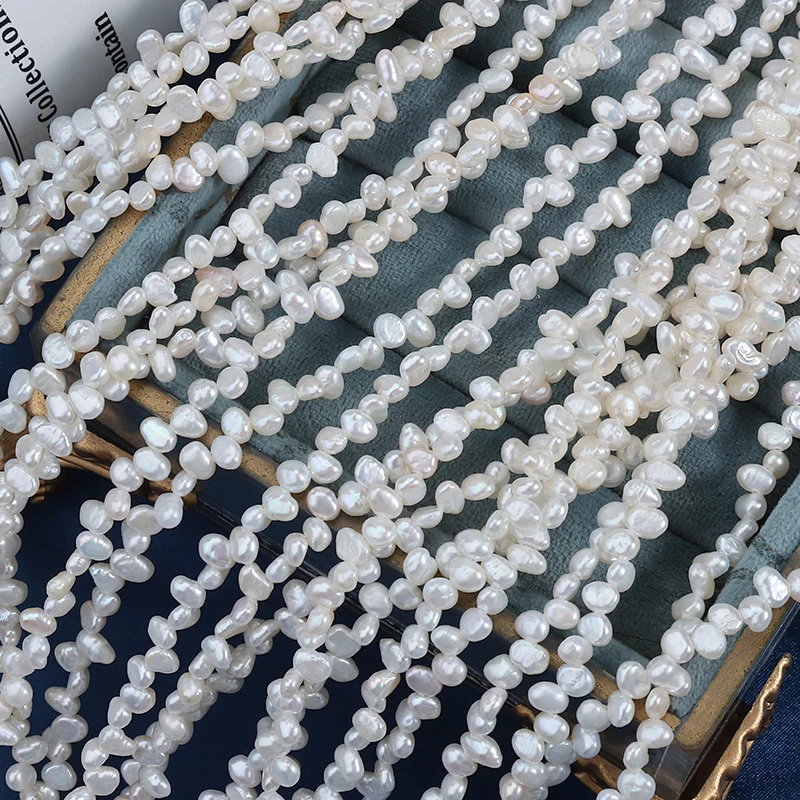 3-4mm nucleus-free Sanqi, smooth on both sides, irregular shape, mini natural freshwater pearls, extended length 39cm.