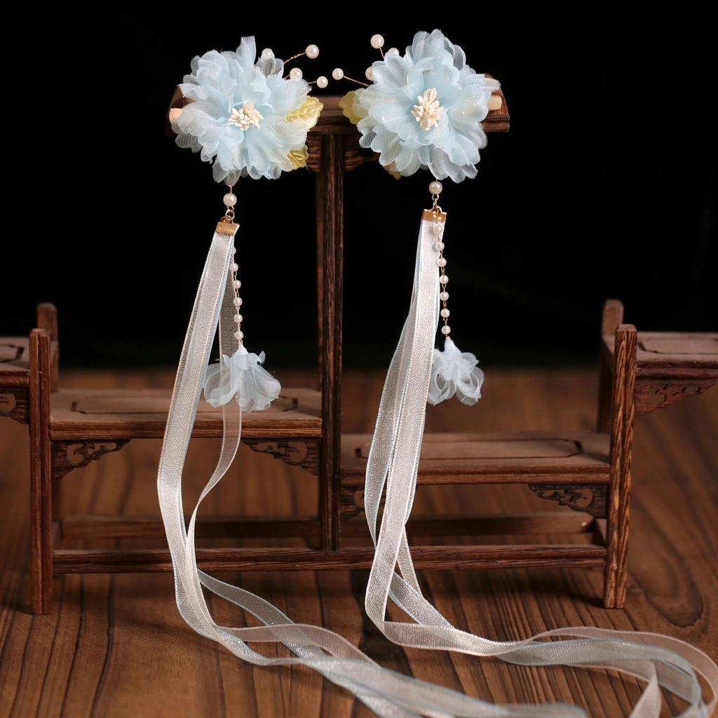 Chiffon Flower Hair Clips Chinese Hanfu Hair Accessories For Women 2pcs Pink/blue Floral Tassel Hairpin Retro Pearl Barrettes