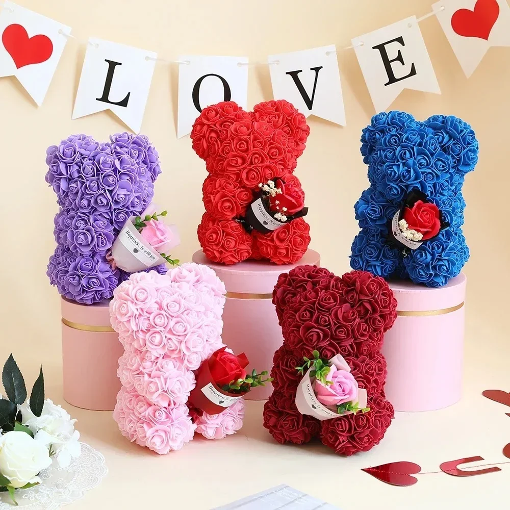 

Valentines Day Gift 25cm Artificial Rose Bear With Box For Girl Friend Women Mother's Day Gift Brithday Present Wedding Party