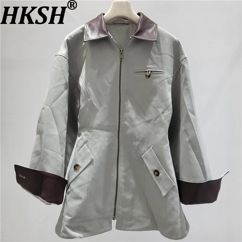 

HKSH Women Casual Jacket PU Leather Patchwork Color Block Turn-down Collar Zipper Waist Cinching Streetwear Coats Spring HK20431