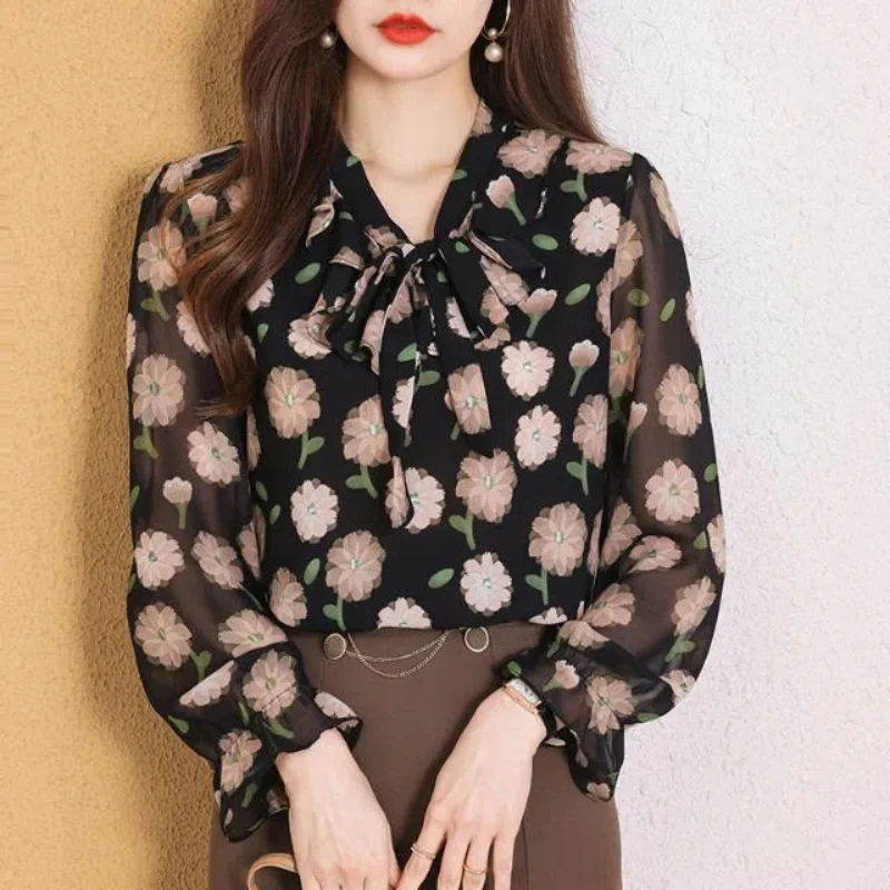 Korean Fashion Autumn Women V-Neck Ruffles Patchwork Lacing Temperament Office Lady Sweet Loose Long Sleeve Chiffon Shirt Tops