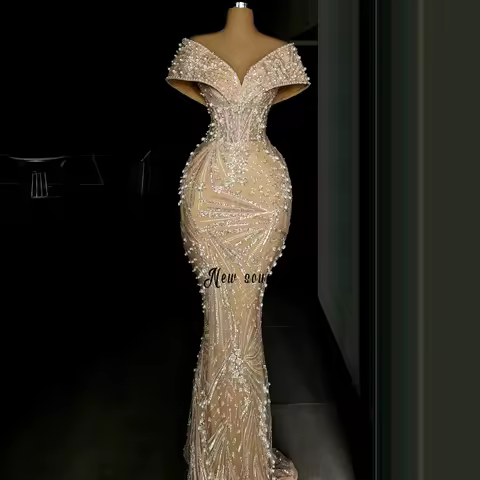 2026 Customized Nude Mermaid Evening Dress with Beaded Pearls Female Birthday Gown for Party Women Wedding Events Dress Dubai