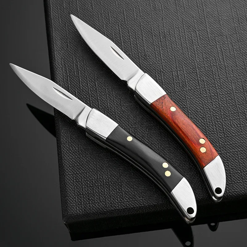 2024 Outdoor Camping Portable Pocket Mini Folding Knife Stainless Steel Blade Wooden Handle Keychain Knife EDC