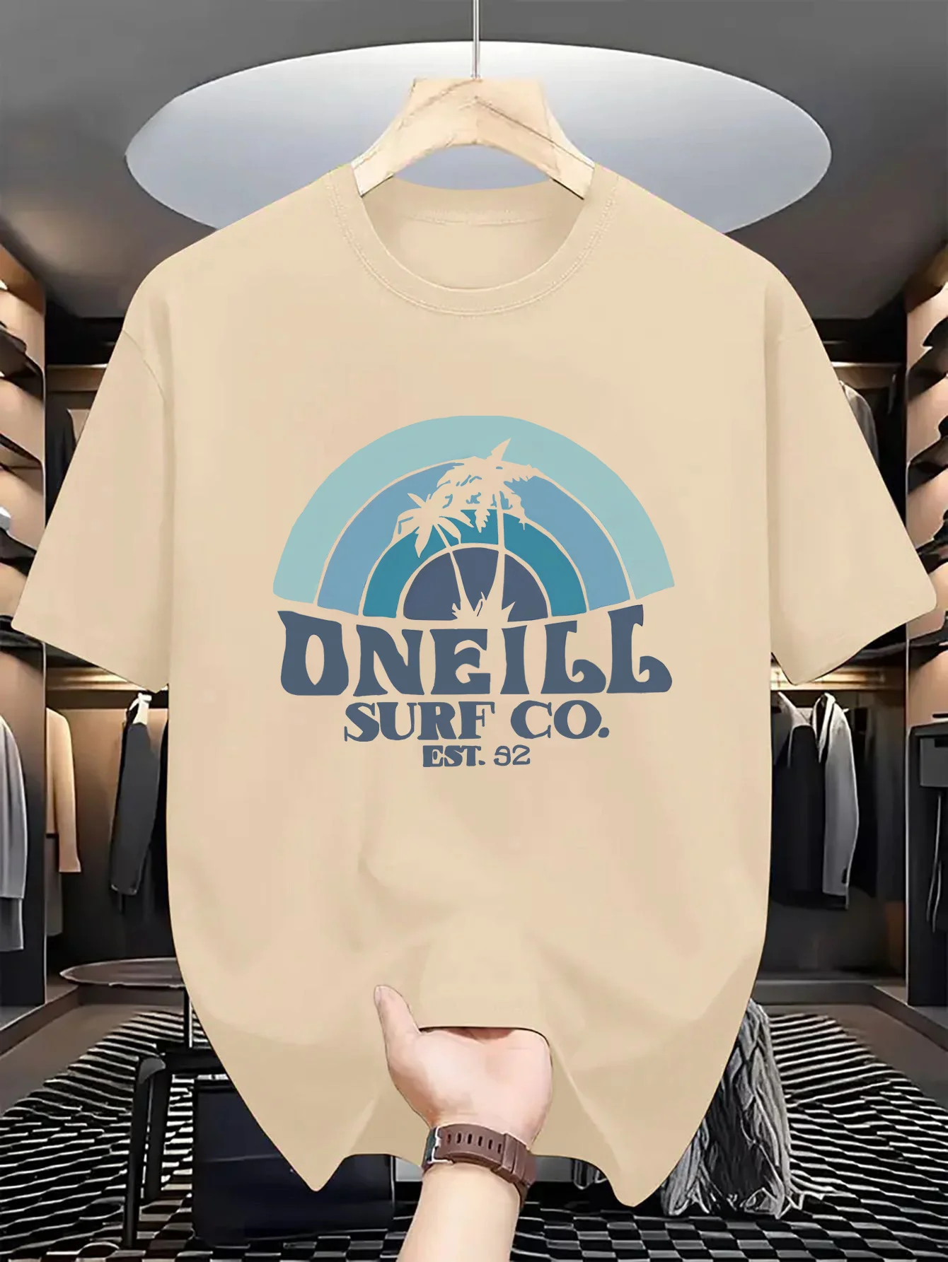 Camiseta holgada deportiva informal a la moda de algodón 100 de verano para hombre con estampado de palmera y cuello redondo de manga corta
