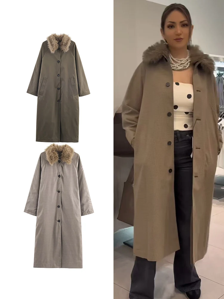 

Женский Тренч с меховым воротником, винтажный осенний шикарный двусторонний костюм, длинная ветровка, уличный стиль, женская осенняя модная одежда