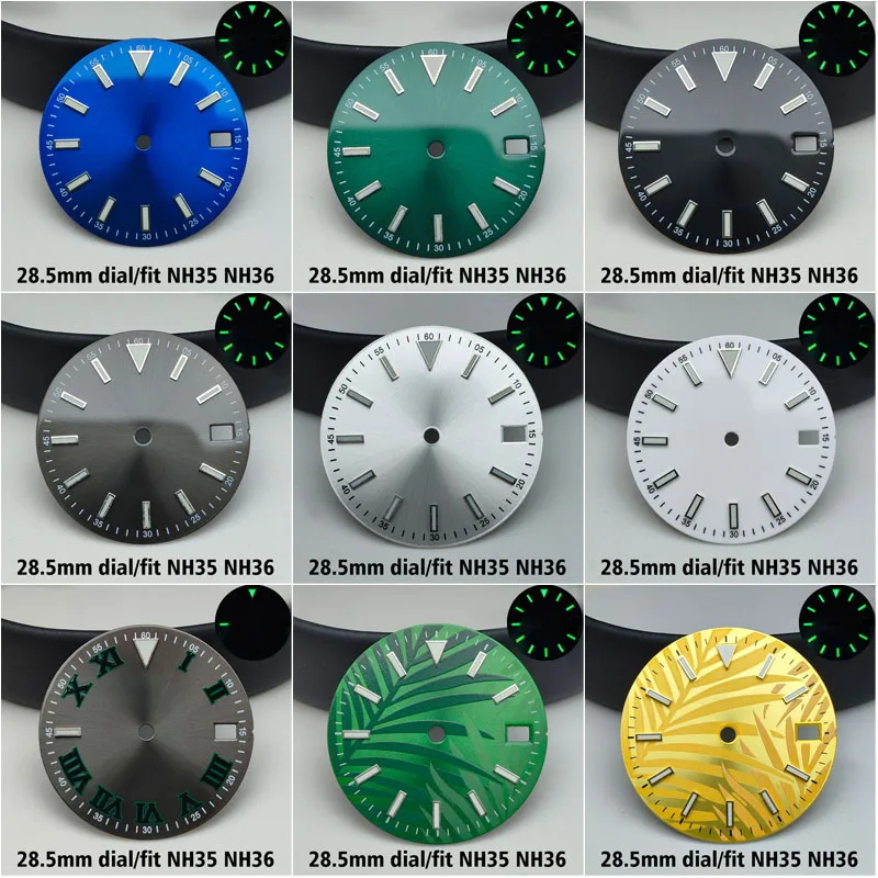 Replacement 28.5MM Watch Dial Single Calendar Green Luminous Dial for NH 35/36 Quartz Movement Watches Modification Parts