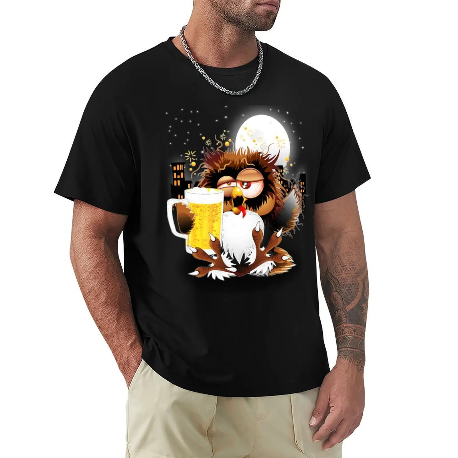 

Drunk Owl with Beer Funny Character T-Shirt customs design your own valentines boutique clothes heavy weight t shirts for men