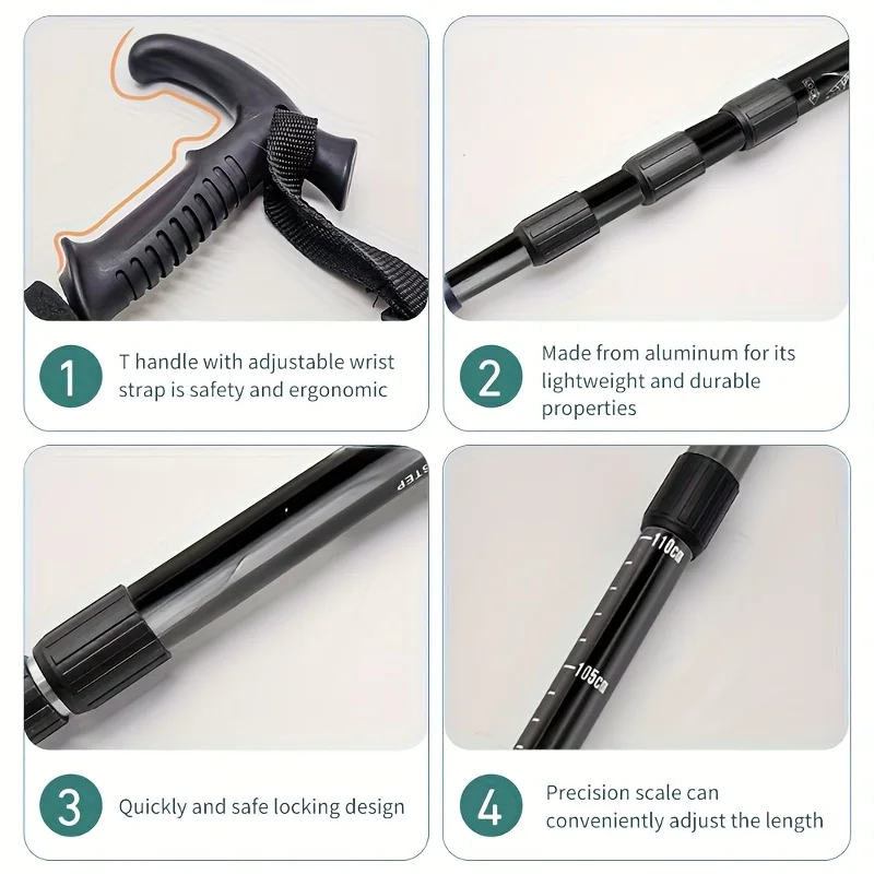 Outdoor Folding Trekkings Pole 4-Section Portable Walking Hiking Telescopic Stick Lightweight Camping Climbing Trekking Stick