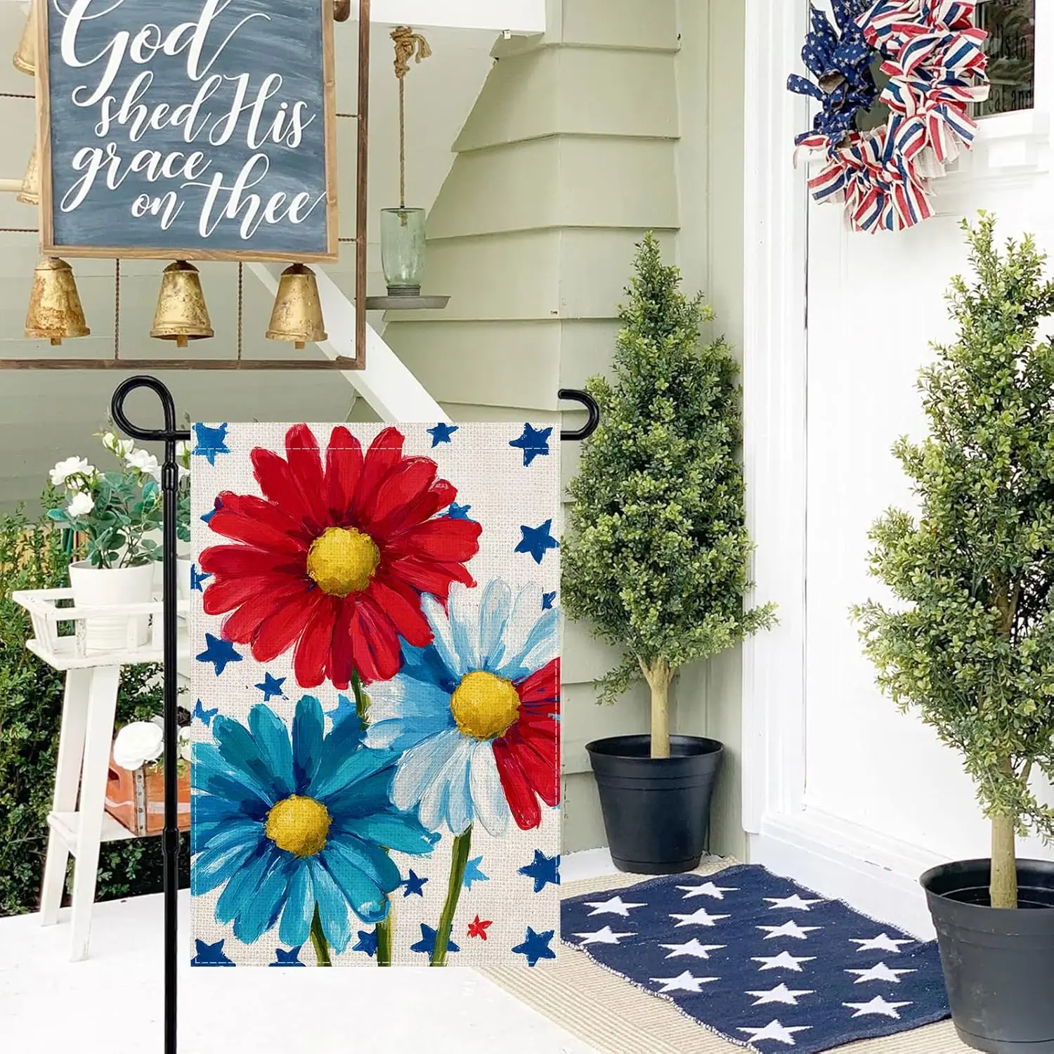 Patriotic Red White Blue Daisy Garden Flag 12.5x18 Inch, Double-Sided Floral Burlap Small Yard Flag, Rustic American Stars F uui