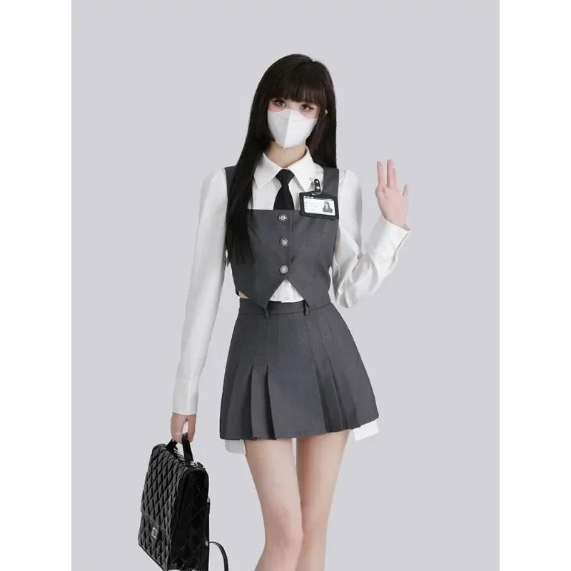 Conjunto de tres piezas para mujer, Blazer largo a la cintura con botonadura única, chaleco gris, Falda plisada gris, estilo universitario, 2023