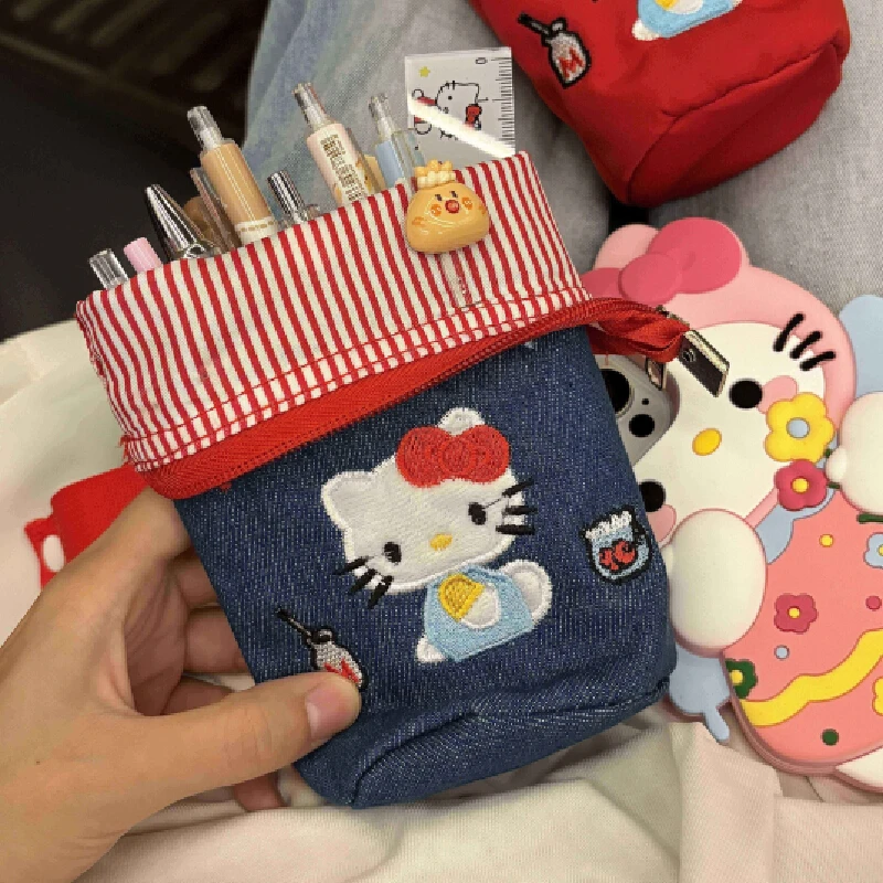 

Cute Cartoon Anime Peripheral Hello Kitty Doll Bucket Folding Large Capacity Portable Student Stationery Storage Pencil Case Gif