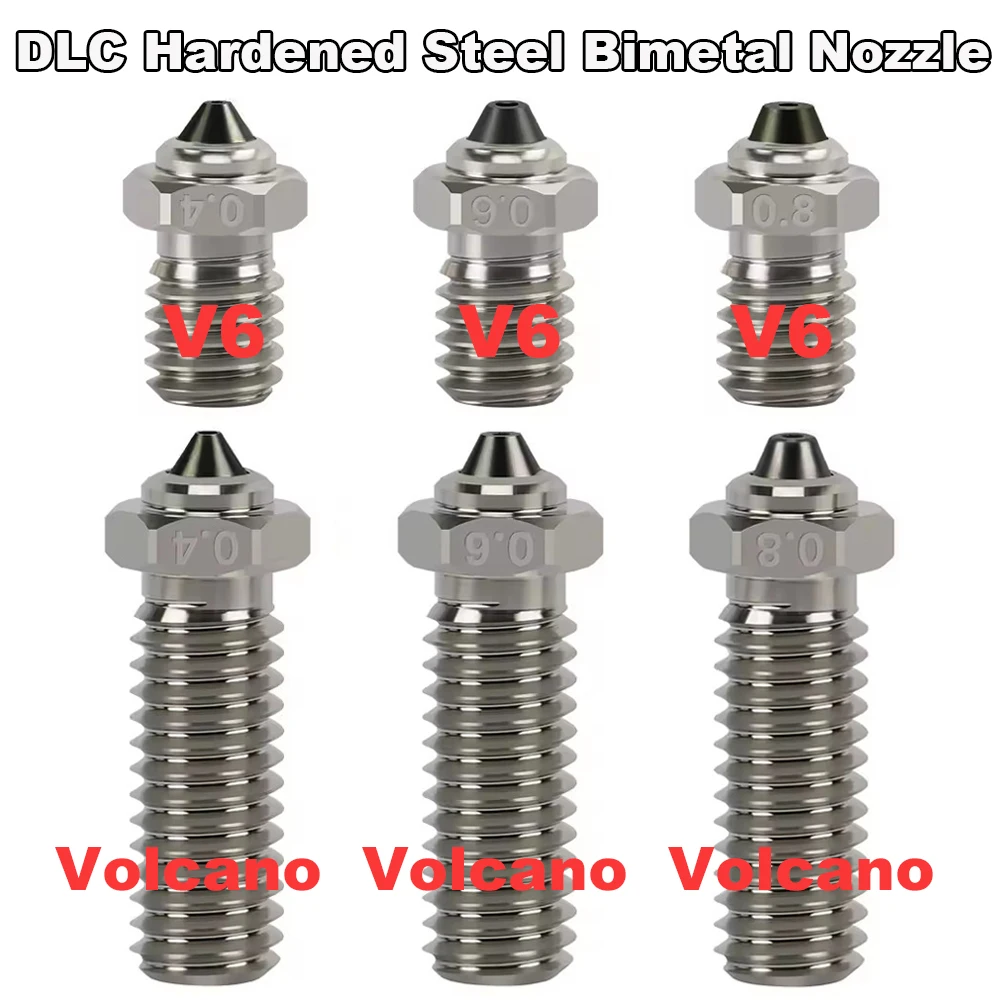 V6 Bimetal Nozzle DLC Hardened Steel Bi-metal Volcano Nozzles High Temperature Wear Resistant E3D V6 Volcano 3D Printer Hotend