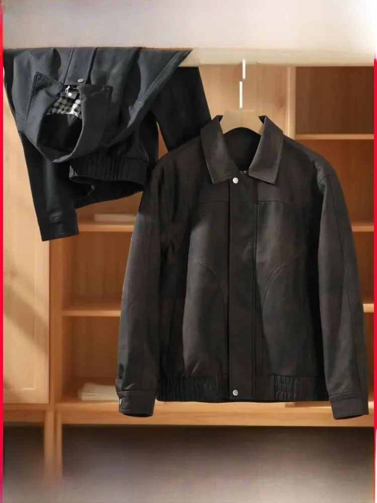 

Casual Faionable Men's Leather Jaet Sli Stand Collar Versatile Outerwear Trendy PU Leather Long Sve Zipper Closure