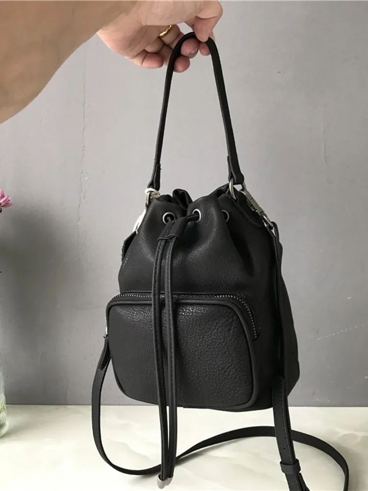 Women Casual String Bucket Bag Cowhide Genuine Leather Shoulder Bag Teenager Girls New Handbag Small Totes Strap Crossbody Bag