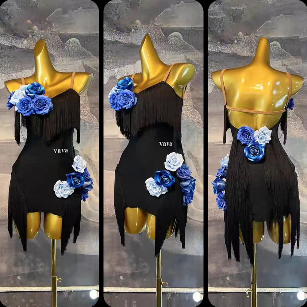 Meninas elegante high-end vestido de dança latina samba crianças cinta sem costas preto sem mangas borla desempenho dança flor vestido