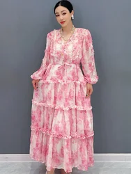 Vefadisa 2024 Summer New Pink Blue Women Dress Printing Lantern Sleeve Dress Pleated Splicing Pink Cake Dress HLX283