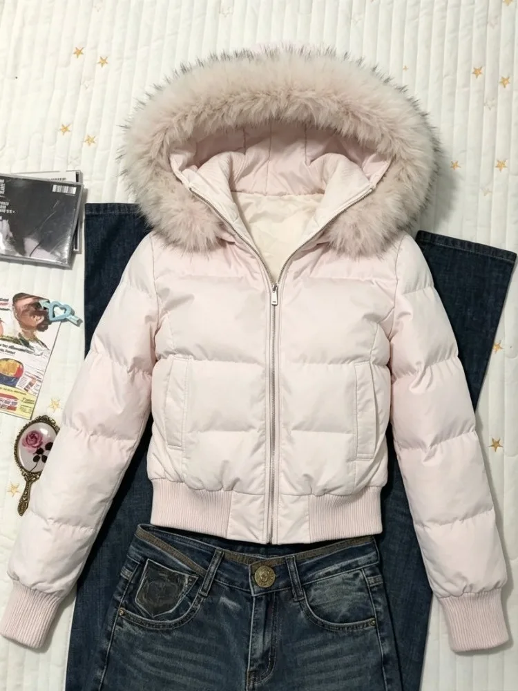 Harajuku Vintage Street Women Winter Short Puffer Jacket Faux Fur Big Hood Zip‑Up Y2K Aesthetic Casual Daily Outerwear Coat