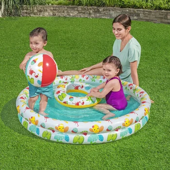 48&quot; x 8&quot; 2-Rings Round Inflatable Swimming Pool Set for Kids Children&#x27;s Water Play Pool with 3 Rings and Ball Hawaii Theme Outdoor