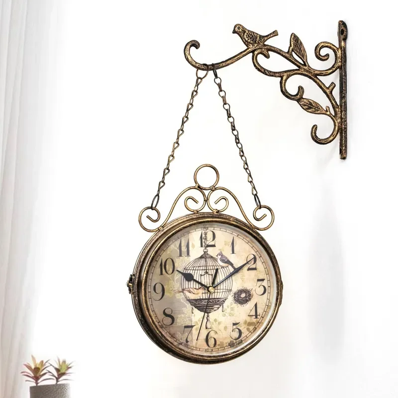 Retro Creative Double-Sided Wall Clock for Living Room Decoration Simple Wrought Iron Clock Fashion Double-Sided Wrought Iron