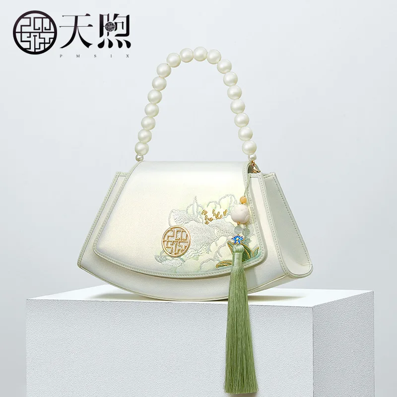 Chinese Style Women's Cheongsam Messenger Bag Embroidery Genuine Leather Crossbody Shoulder Bag Beaded Handbag Women Hanfu Bag