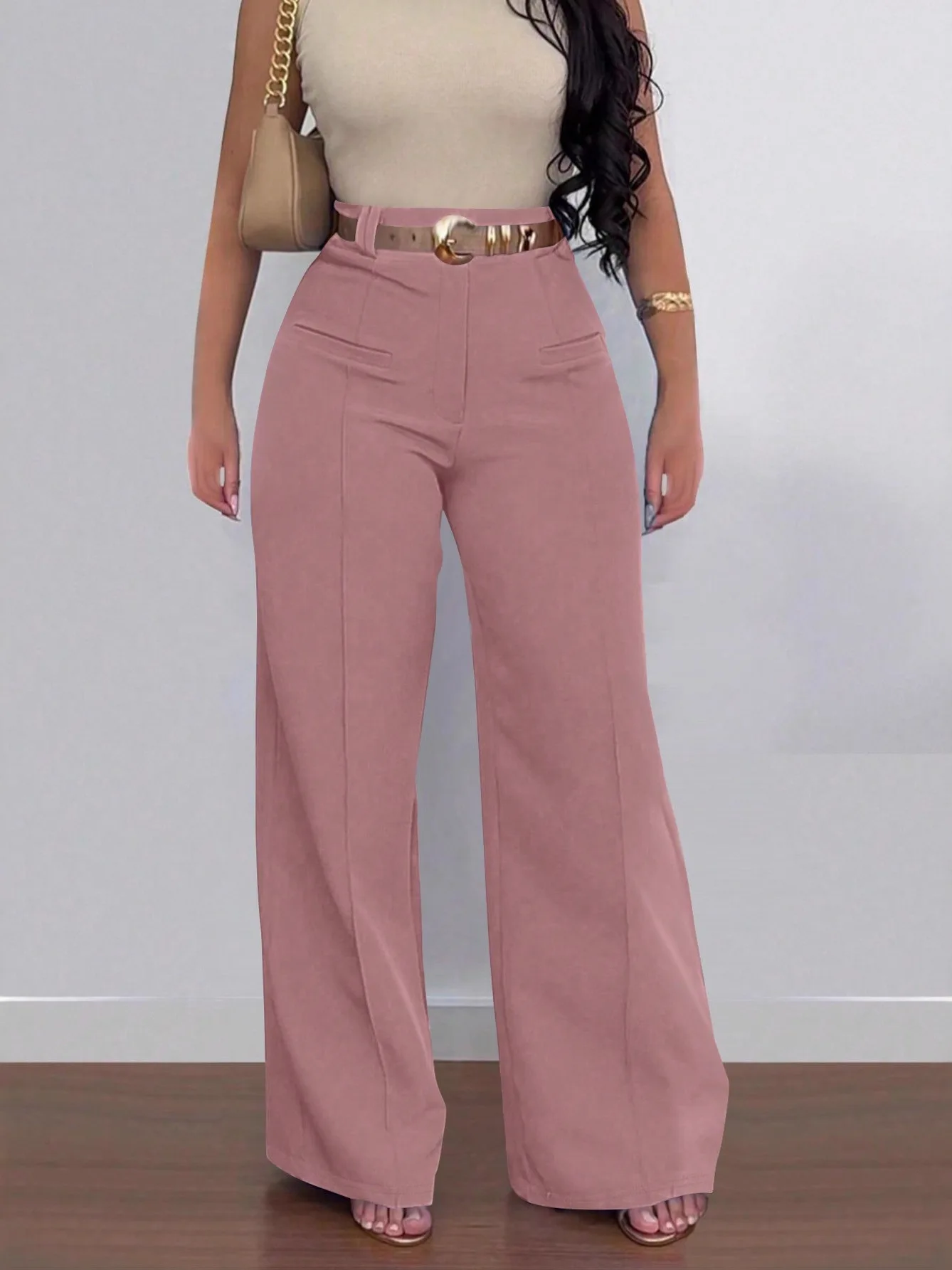 Fashionable High Waist Wide Leg Pants Straight Cut Slimming Women's Casual Trousers Polyester Fiber Zipper Fly mid Rise