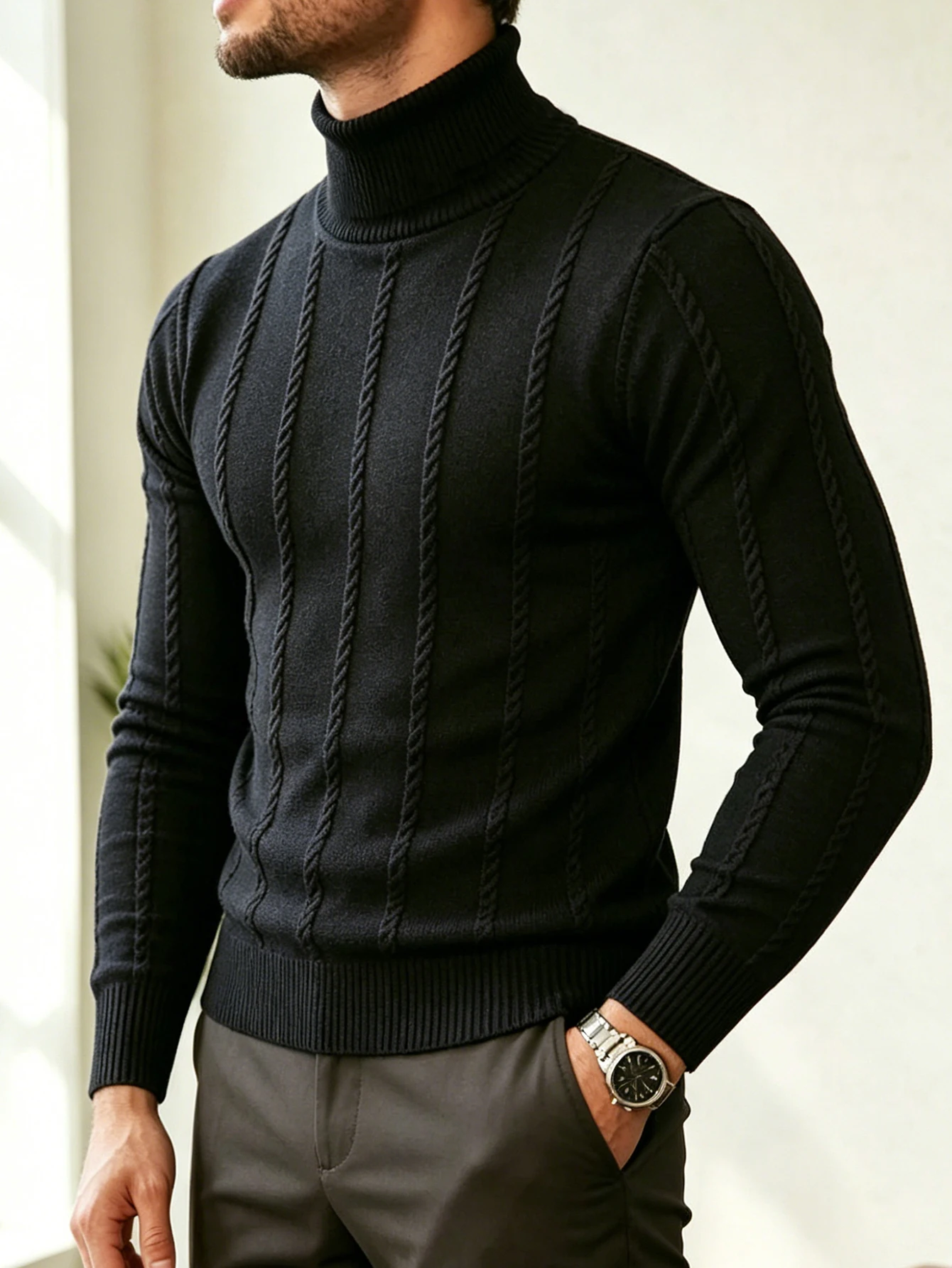 Herren Rollkragenpullover mit Zopfmuster, schmal geschnitten, langärmelig, warm, lässiger Strickpullover. – Detail 3