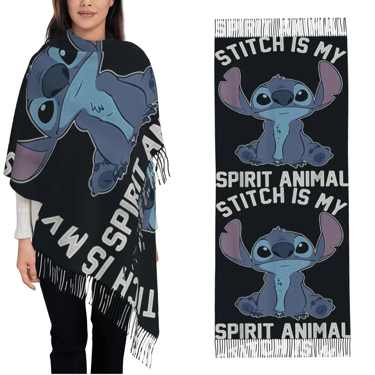 

Мужской и женский теплый мягкий шарф-платок с портретом Лило и Стич (My Spirit Animal) и длинными кисточками, в стиле Y2K, осенняя шаль-накидка, буфанда