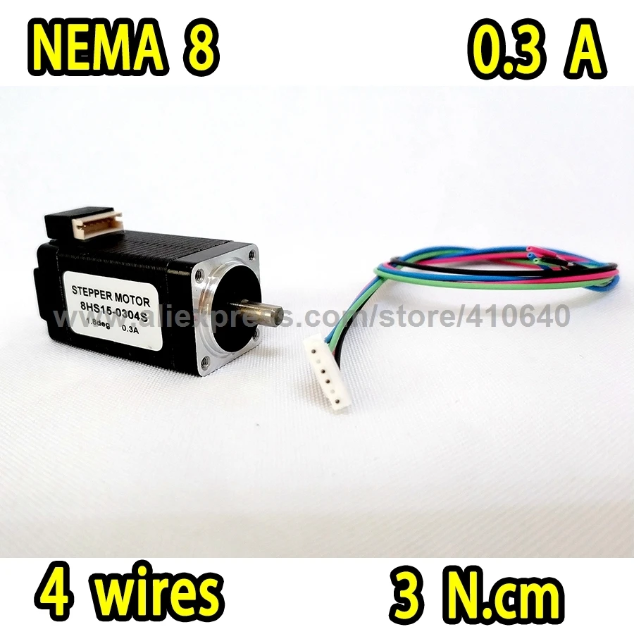 

Nema 8 stepper motor model 8HS15-0304S 1.8 degree 0.3 A 3 N.cm with bipolar and 4 lead wire 12 pieces per lot FREE SHIPPING