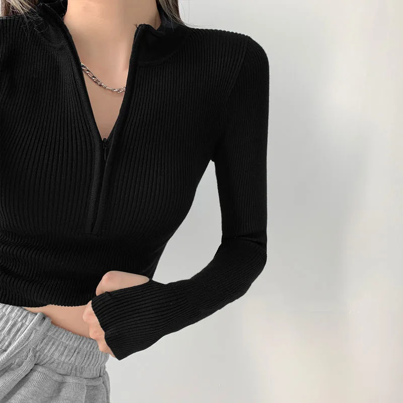 Slim Fit Short Knitted Sweater Half High Collar Zipper Pit Stripe Long Sleeve Women's Base Shirt Autumn Winter Fashion Style