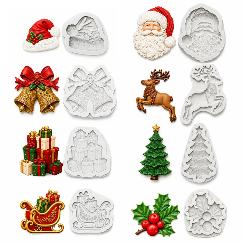 Santa Sleigh Christmas Tree Reindeer Jingle Bell Silicone Mold Sugarcraft Chocolate Cupcake Baking Fondant Cake Decorating Tools