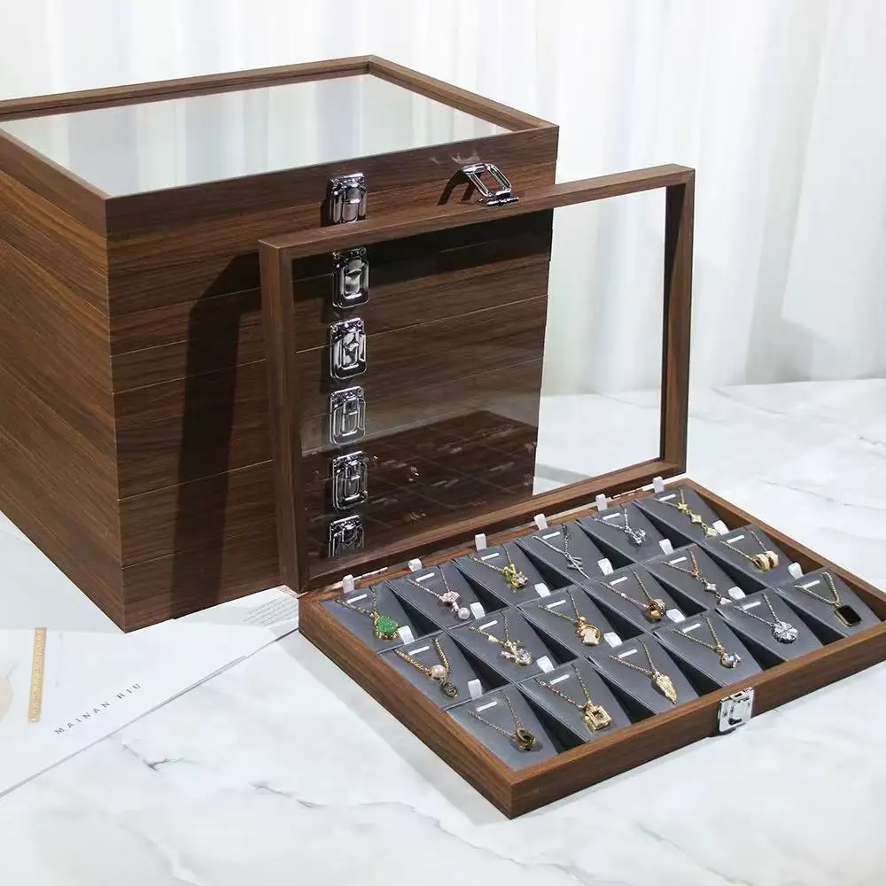 Large Capacity 18 Grids Necklace Display Jewelry Storage Case with Window Wooden Pattern Papercard Strong Jewel Organizer Box