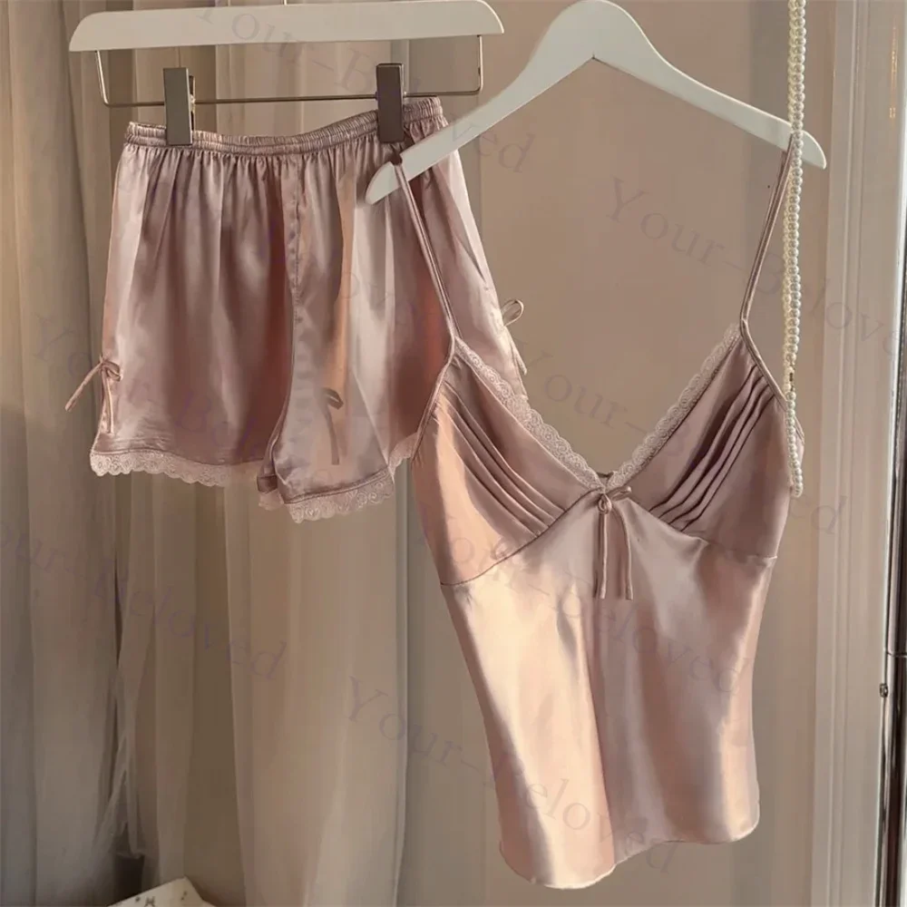 

Champange Pink Strap Top&shorts Sexy Lace Trim Lingerie Lady Summer New Pajamas Suit Bigsize 3Xl Home Clothing Nightwear