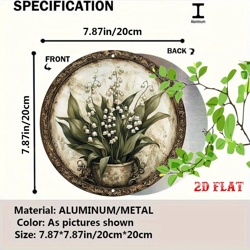 Style Round Wall Art Made of Metal, Showcasing Lily of The Valley in A Pot, Perfect for Adding for Charm To A Beachside Backyard