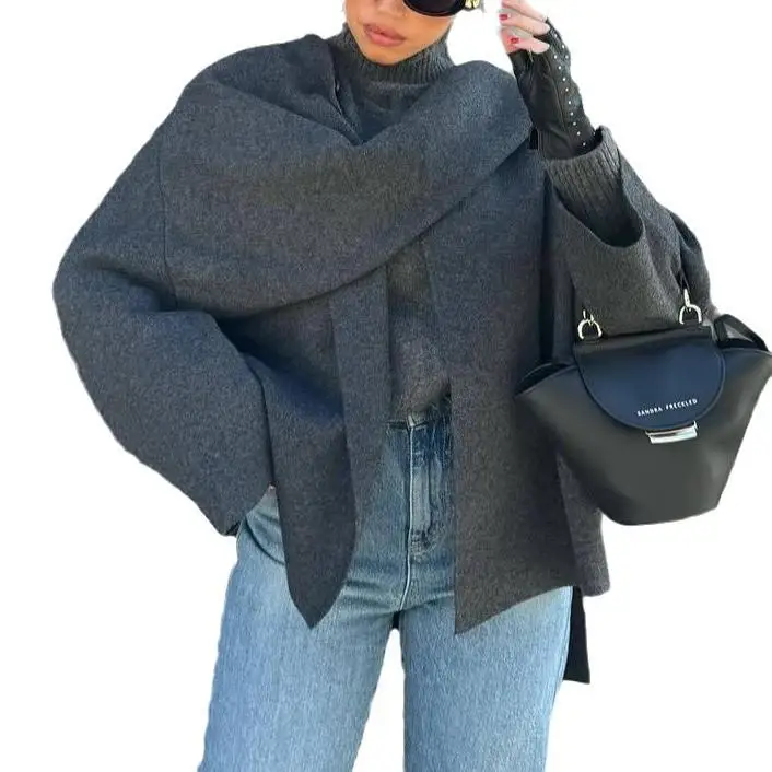 

Knitted ort Coat Lazy awl Cowl Ne Warm Comfortable Women's Cotton Jaet Long Sve Spring Faion Outerwear