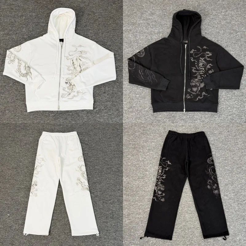 Streetwear Draping Heavy Embroidered Black White Option Man Derschutze Zip Hoodies Beast Pattern Straight Sweatpants Sets