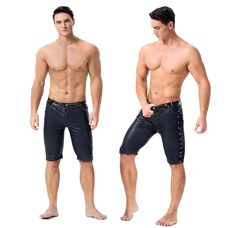 

Mens Black Stretchy Tights Pants Faux Leather Sexy Skinny Trousers Latex Slim Fit Pants Stage Performance Night Club Dance Pants