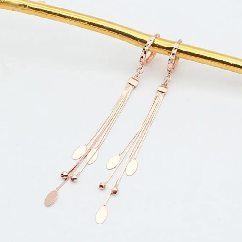 585 purple gold plated 14K rose gold long soft chain tassel earrings for women new classic charm wedding jewelry gift