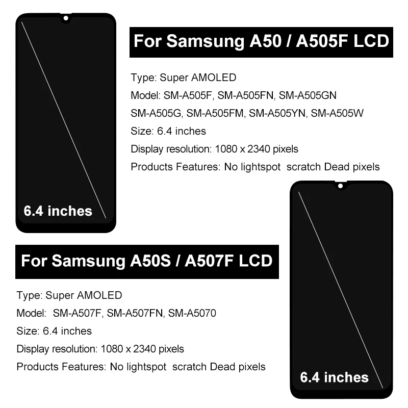 6.4 SUPER AMOLED For Samsung Galaxy A50 A505 LCD Display SM-A505F Touch Screen Digitizer For Samsung A50S LCD A507 Replace Parts