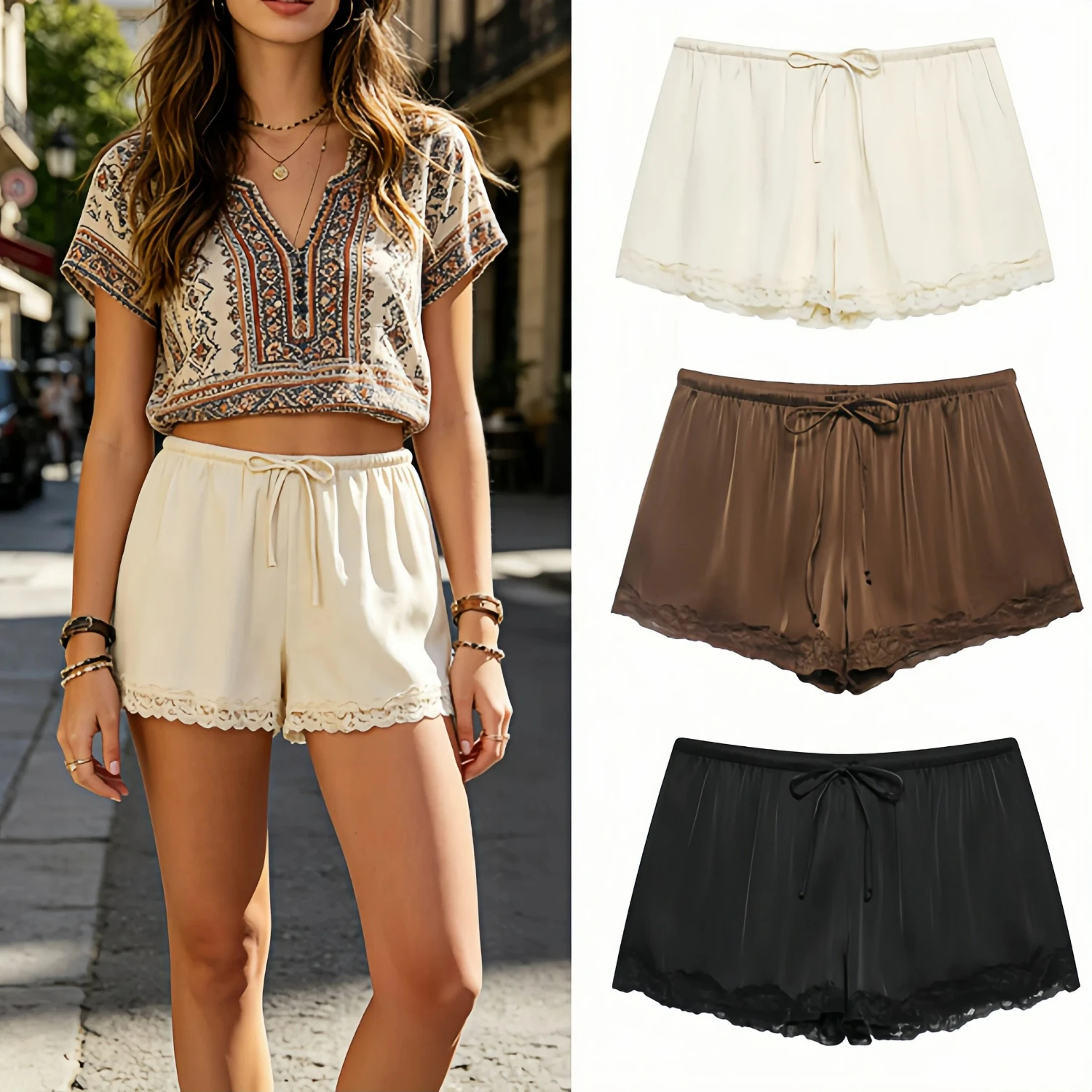 Shorts de Moda con Cordón Ajustable para Mujer, con Dobladillo de Encaje, Mini, Cintura Alta Elástica, Estilo Vintage, Chic, Casual, de Verano