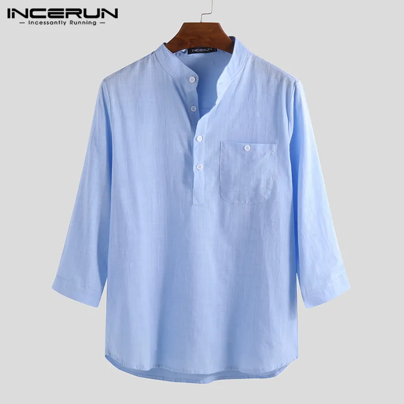 INCERUN Men\'s Shirt Solid Color 3/4 Sleeve Cotton Stand Collar Vintage Male Shirts Harajuku 2024 Streetwear Men Clothing S-5XL