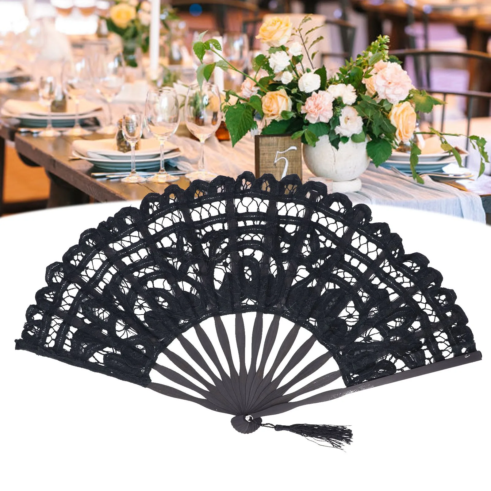 Folding Fan Hallow Lace Bamboo Bones Vintage Style Hand Fan With Tassel For Performance Clothes Decoration Gift