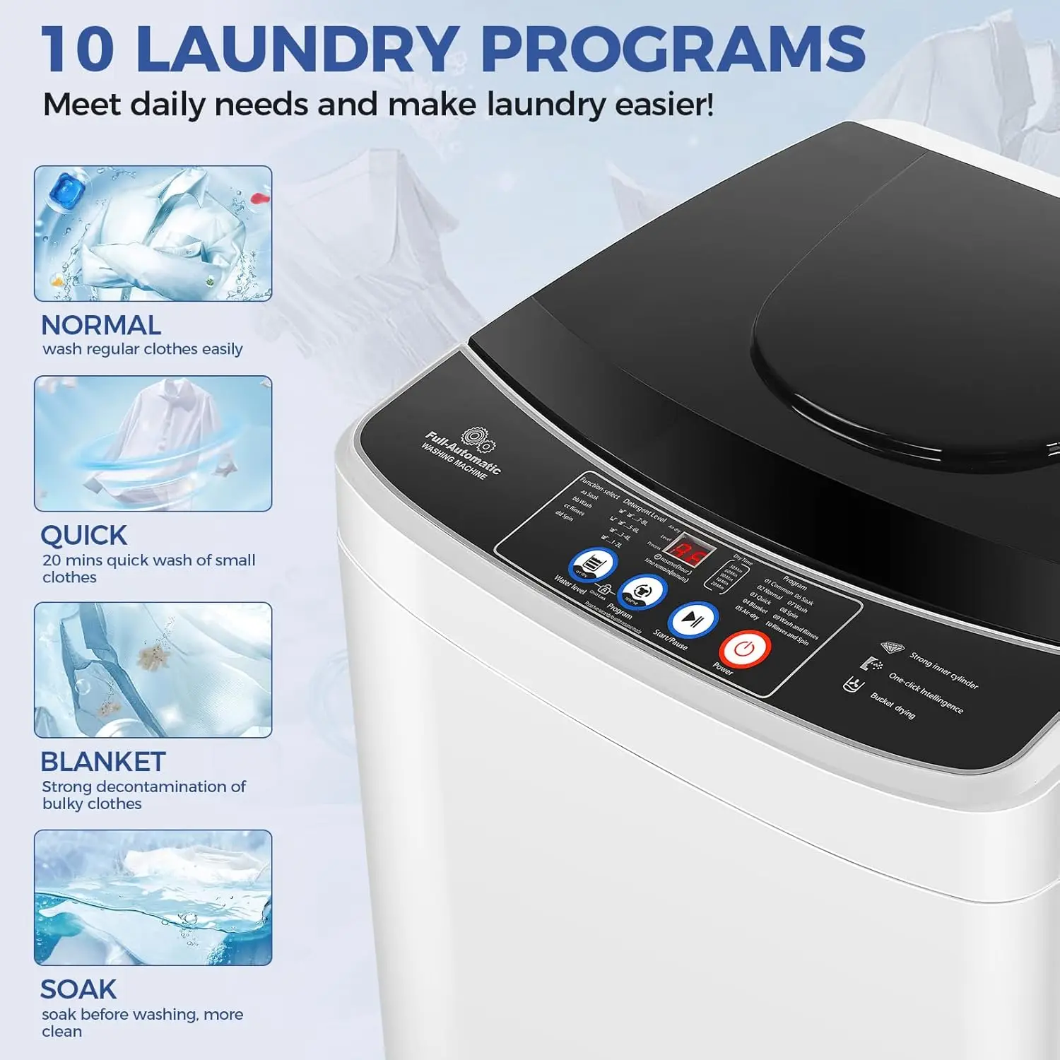 Portable Washing Machine, 2.1 Cu.ft Portable Washer with Drain Pump, Faucet Adaptor, 10 Wash Programs/8 Water Levels Com