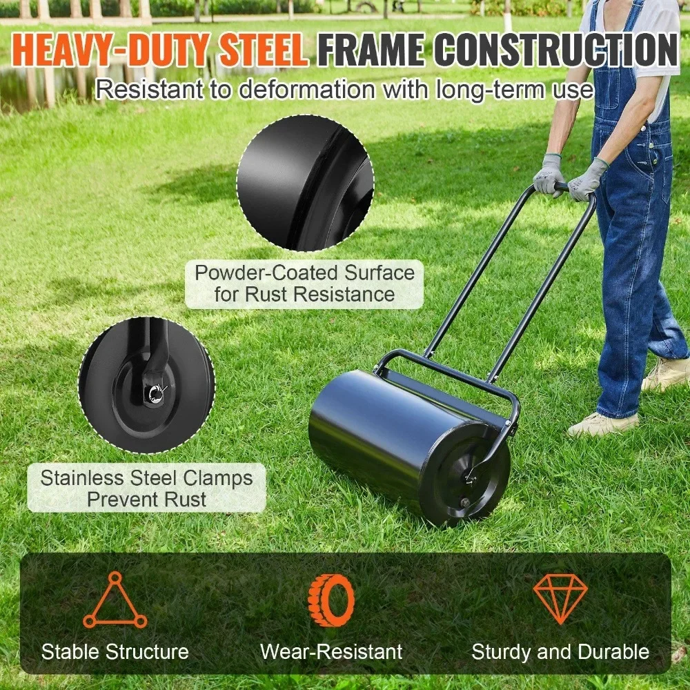 Lawn Roller 13 Gallon Sand/Water Filled with Easy-turn Plug and U-Shaped Ergonomic Handle for Convenient Push and Pull