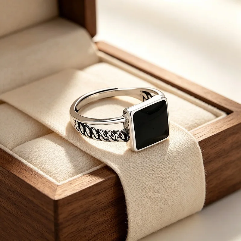 Retro Thai Silver Geometric Blocks 925 Sterling Silver Fine Resizable Opening Ring For Women Fine Luxury Jewelry RI1413