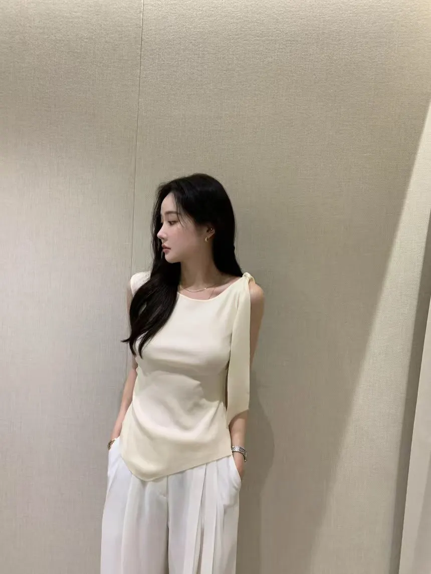 Elegant Asymmetric Shoulder Slip Knot Knitted Vest Women Summer Pure Desire Bare Shoulder Sleeveless Slim Fit T-Shirt - view 2