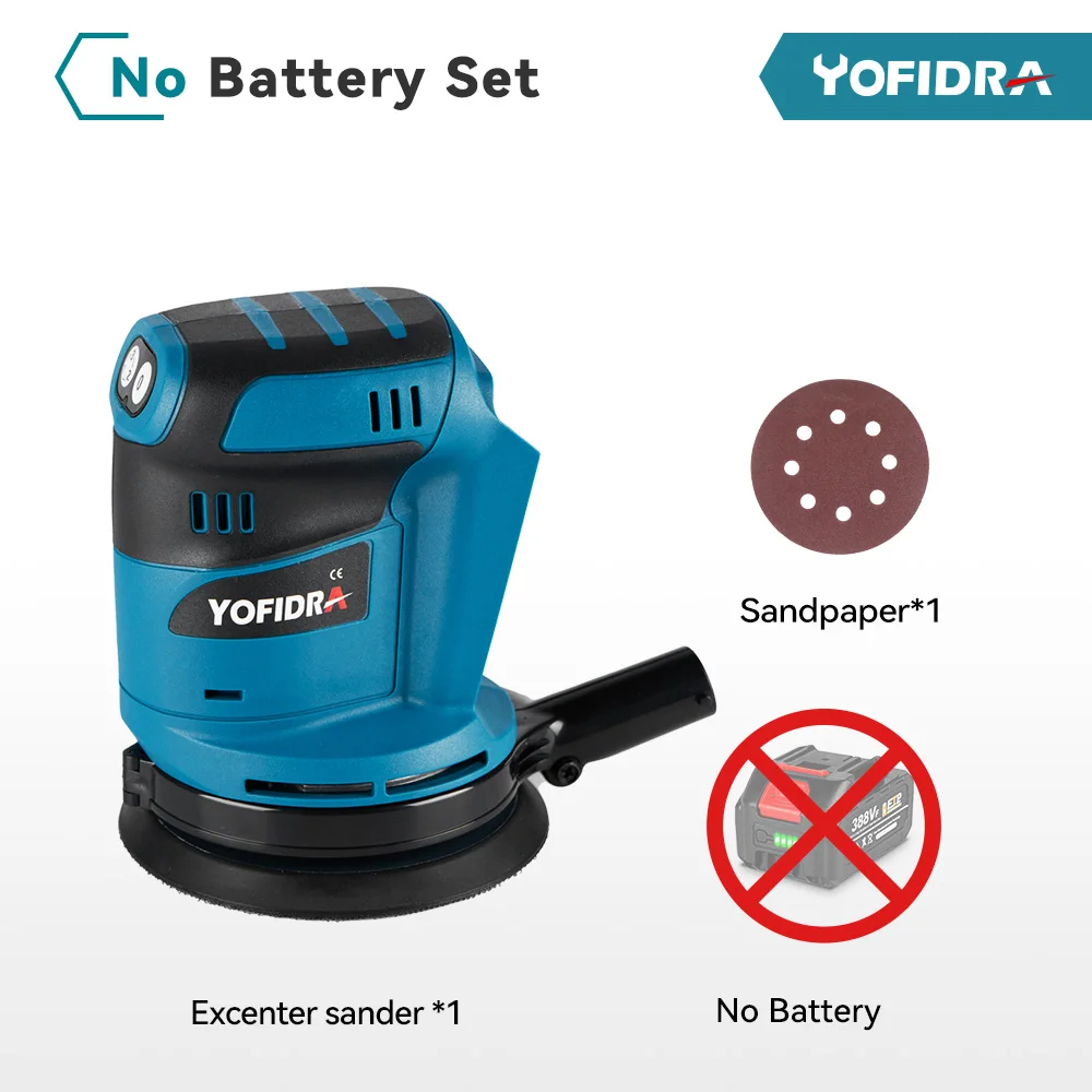 YOFIDRA Elektrische vlakschuurmachine 125 MM Draadloos slijpen Schuren Polijstmachine Houtbewerking Power Tool Voor Makita Batterij Pin